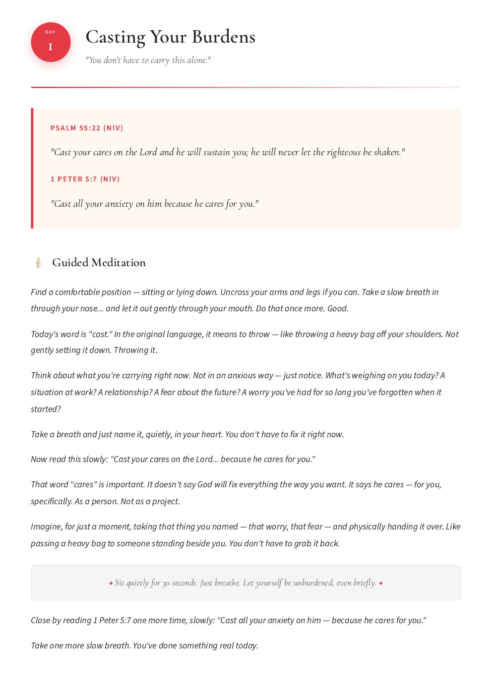 Actual Day 1 journal page showing Scripture and the guided meditation