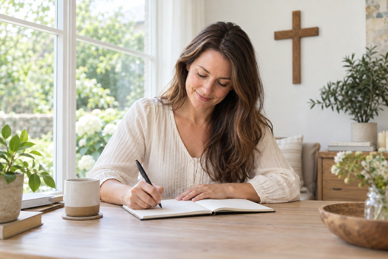 Woman writing in a notebook near a wall cross