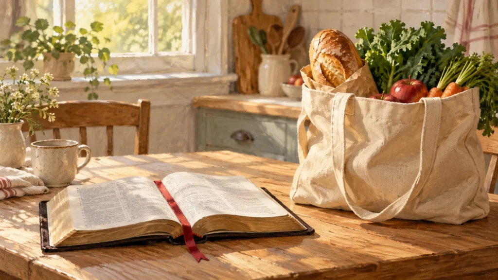 Illustration of an open Bible beside a canvas bag of groceries on a sunlit kitchen table.